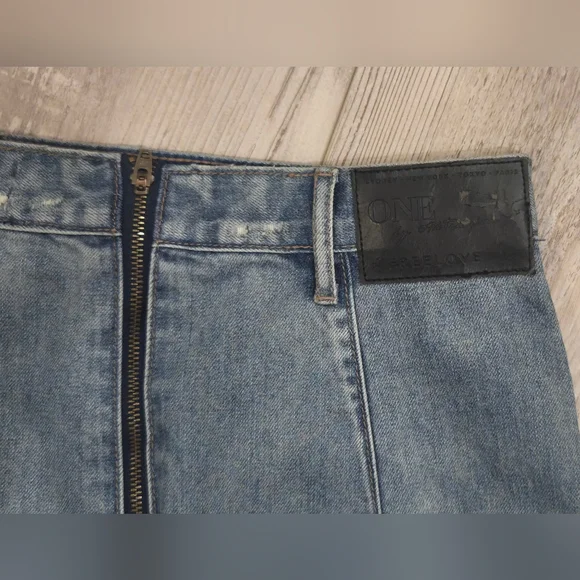 One Teaspoon Light Wash Denim Distressed Midi Pencil Skirt with High Slit - Picture 9 of 12